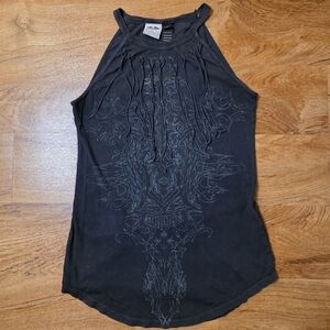 Vintage Y2K Harley Davidson Made in USA Charcoal Grey Graphic Fringe Tank Top
